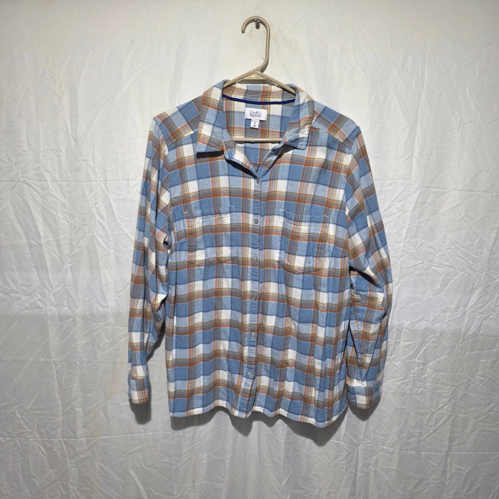 Croft & Barrow Womens 1X Blue Orange Plaid Flannel Button Down Shirt Cotton